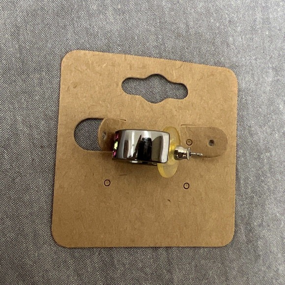 Women Signed Givenchy Earrings, Pewter Tone Rhinestone J Hoop Huggie, Piercing - Picture 6 of 9